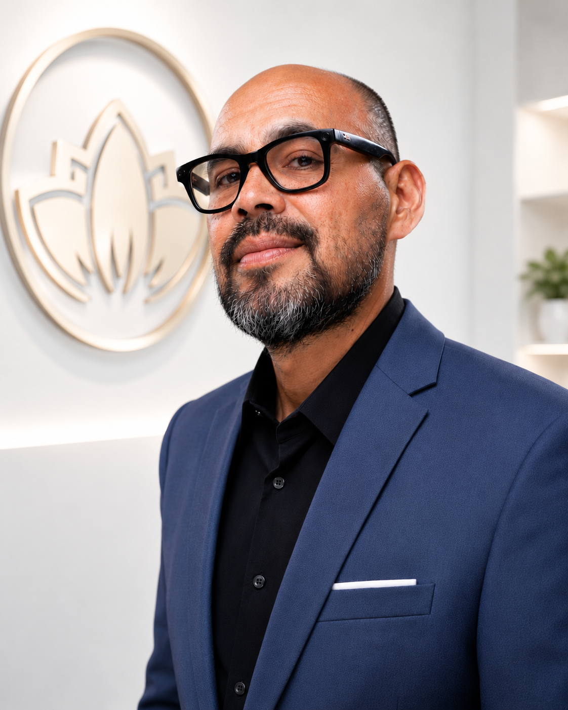 Daniel Lord in a navy blazer standing in front of a gold lotus wall emblem