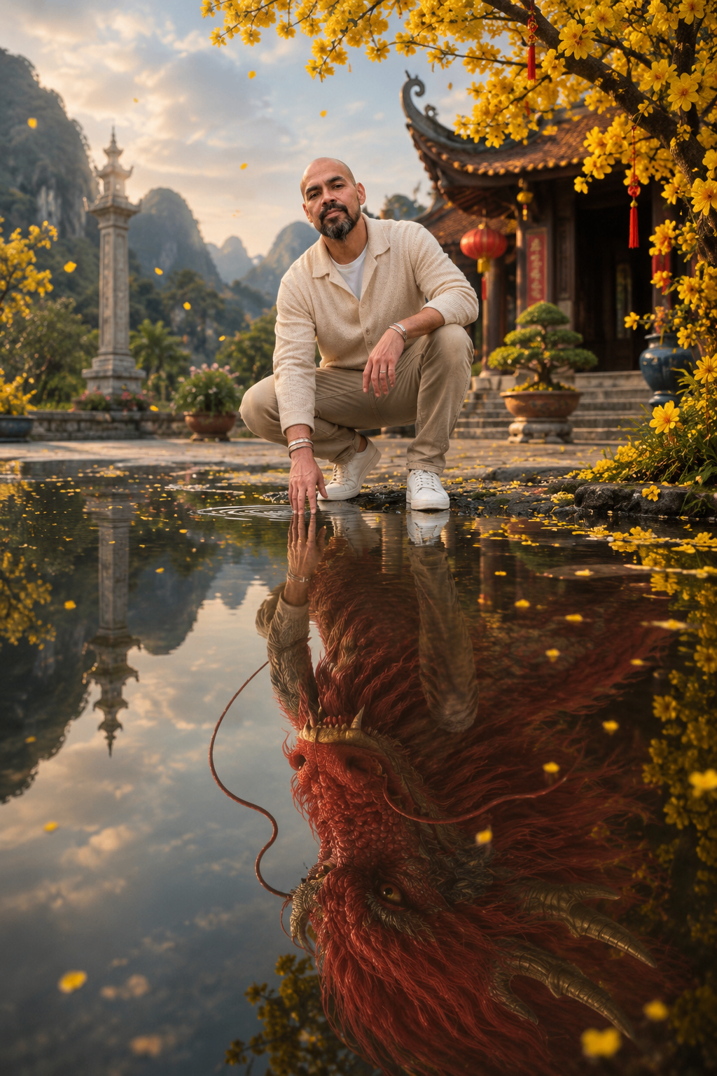Daniel Lord crouching beside a reflecting pool at a Vietnamese temple, his reflection showing a red dragon