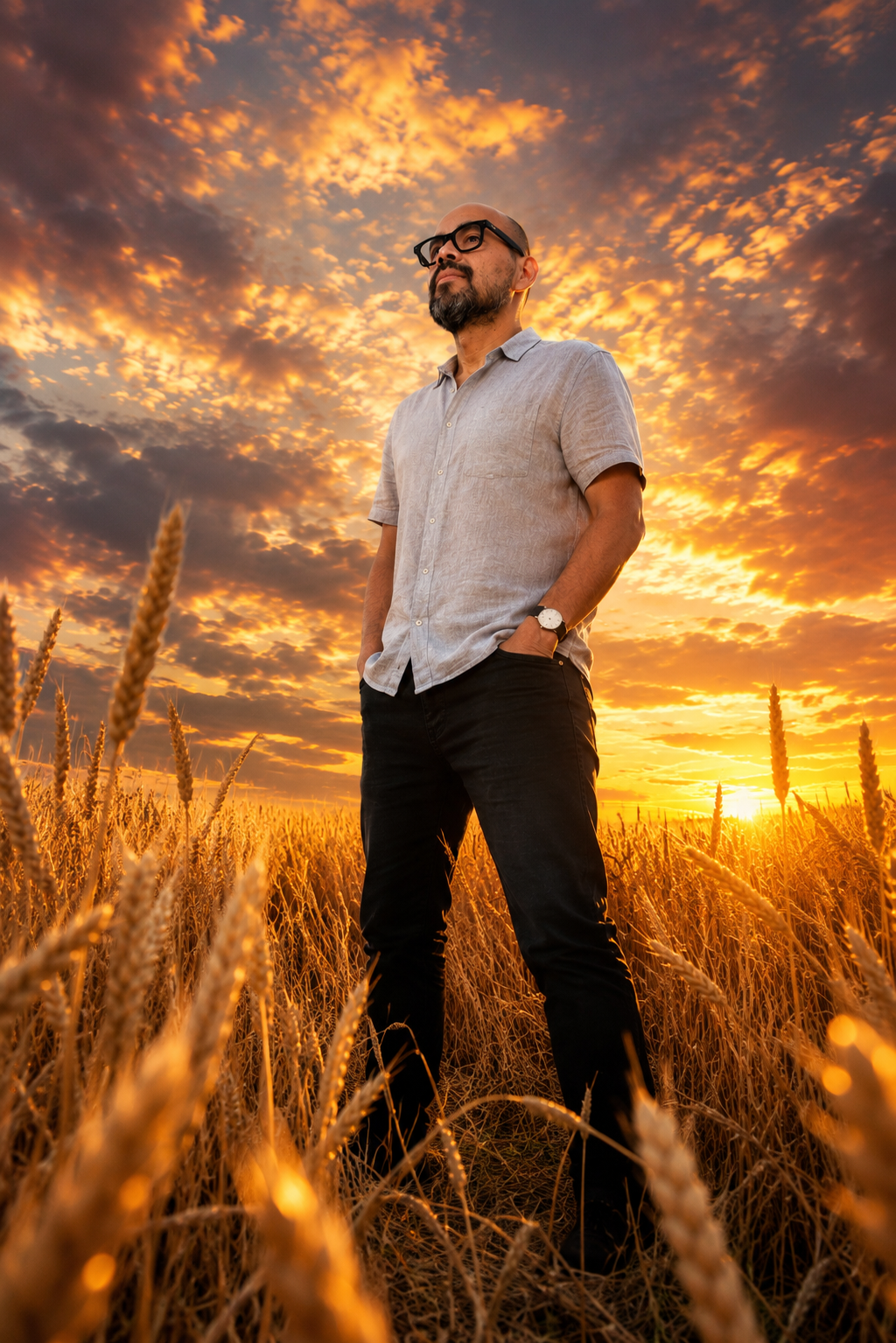 Daniel Lord standing in a wheat field at sunset, looking toward the horizon