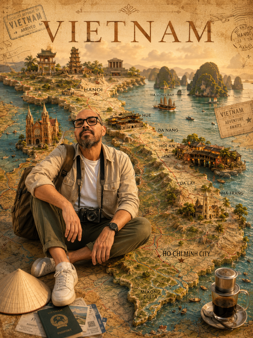 Illustrated vintage map of Vietnam with Daniel Lord seated among landmarks and travel mementos